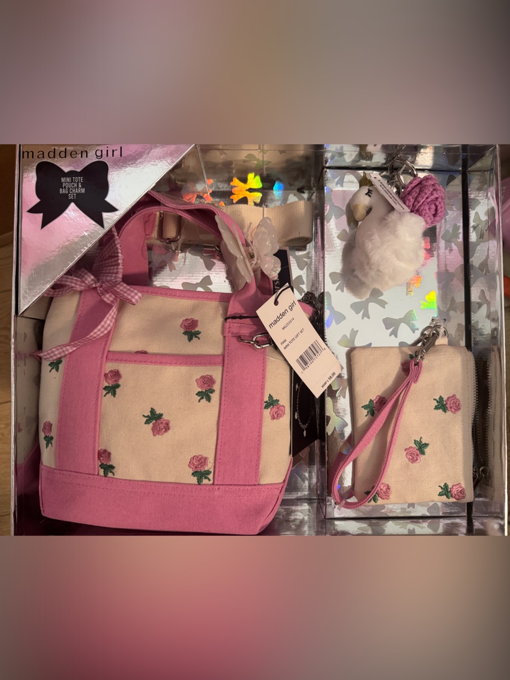 Madden Girl Pink and Cream Floral Canvas Tote with Wristlet